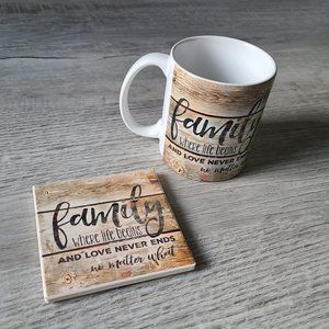 Counter Art Ceramic Mug, Stone Coaster Set, Family Where Life Begins